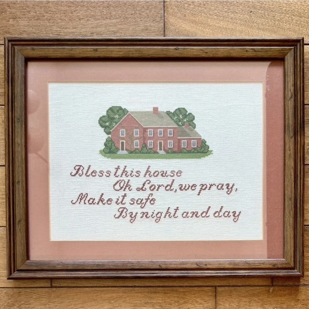 VTG 80s Framed Cross Stitch Needlepoint Bless This House 15x12